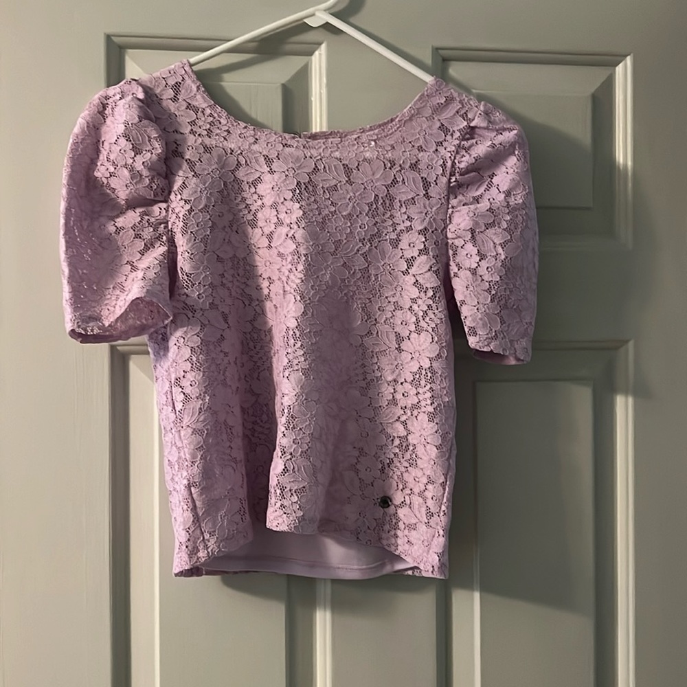 JUSTICE Blouse Aqua Green/Lavender Floral Lace Spring Summer Short Sleeve Girls